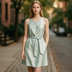 100%Silk dress Cynthia Rowley metallic light green and silver sleeveless sz6 new